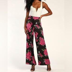 New Lulu’s Thriving Vibes Black Floral Print Satin Wide-Leg Pants | Size XS